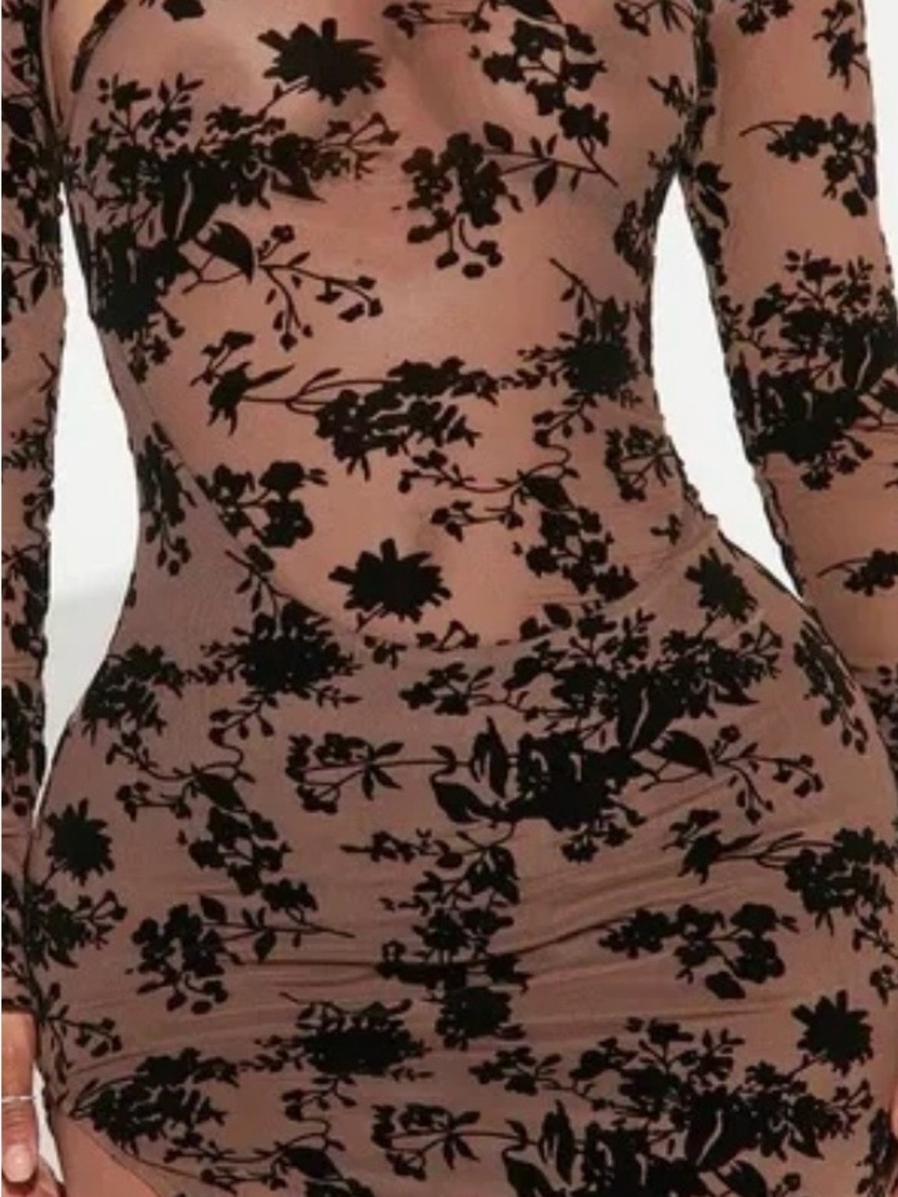 Fashion Nova Brown Mesh Mini Dress with Black Floral Burnout